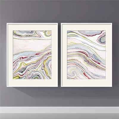Two Framed Abstract Paintings With Colorful Wavy Lines Red Yellow Gray White Tones Wall Decor 3d model