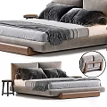 Modern Double Bed With Wooden Headboard Gray Pillows And Side Stool 3d model