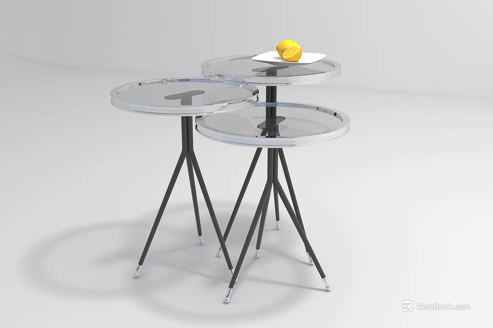 Three Transparent Glass Top Coffee Tables With Black Tripod Legs And Yellow Lemon 3d model 