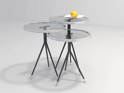 Three Transparent Glass Top Coffee Tables With Black Tripod Legs And Yellow Lemon 3d model