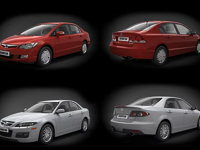 Red and White Sedan Cars Front and Rear Views Displayed 3d model