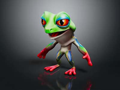 Playful 3D Cartoon Frog Character With Green Body Red Eyes And Red Blue Limbs 3d model