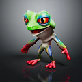 Playful 3D Cartoon Frog Character With Green Body Red Eyes And Red Blue Limbs