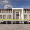 Modern Sales Office Building With Glass Windows Lawn And Paved Path