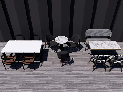 Outdoor Table And Chair Combinations With White Tabletop Black Brown Chairs On Wooden Floor 3d model