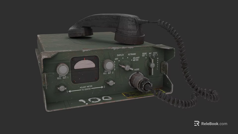 Military Green Vintage Radio Weapon Equipment Featuring Knobs Gauge And Handset 3d model 