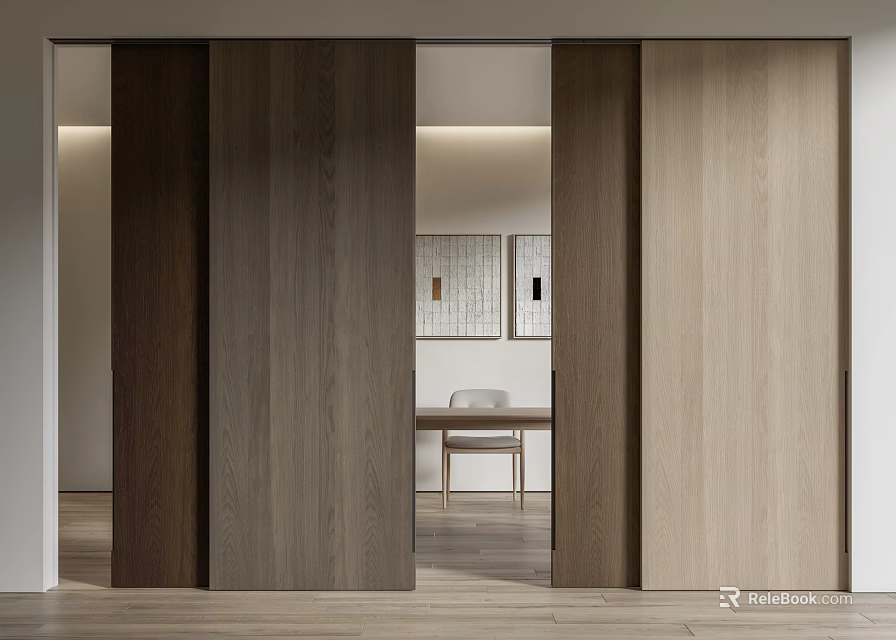 Sleek Wooden Sliding Doors With Dark And Light Wood Tones In Contemporary Interior Space 3d model 