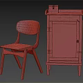Wooden Casual Chair Next To Blue Cabinet With Yellow Box And Radio