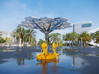 Modern city sculpture under the big tree 3d model