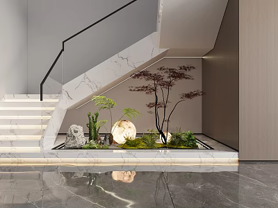Modern Indoor Staircase Area With Marble Steps Black Handrail Spherical Lamp And Decorative Plants 3d model