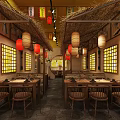 Traditional Chinese Restaurant Interior With Red Lanterns Hanging Banners And Straw Roof