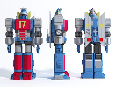 Three Intelligent Robot Models Featuring Red Blue Gray Color Schemes And Number 17 Mechanical Details 3d model