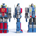 Three Intelligent Robot Models Featuring Red Blue Gray Color Schemes And Number 17 Mechanical Details