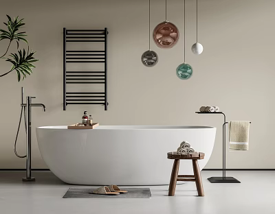 Modern Minimalist Bathroom With White Freestanding Bathtub Wooden Stool Green Plant And Hanging Decor 3d model