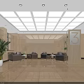 Modern Office Lobby Interior Featuring Beige Walls White Square Ceiling Gray Sofas Green Plants Bookshelf