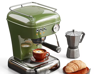 Green Espresso Coffee Machine With Moka Pot Coffee Cup And Croissant 3d model