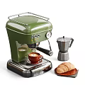 Green Espresso Coffee Machine With Moka Pot Coffee Cup And Croissant