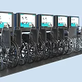 Row of Medical Wheelchairs with Digital Screens for Patient Mobility Support