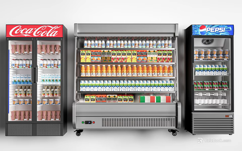 Commercial Refrigerators Freezers Filled With Coca Cola Pepsi Drinks Food Red Silver Blue Retail 3d model 