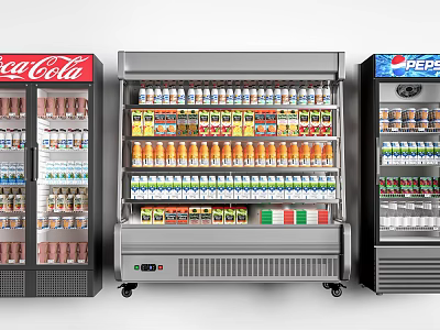 Commercial Refrigerators Freezers Filled With Coca Cola Pepsi Drinks Food Red Silver Blue Retail 3d model