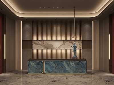 New Chinese Style Front Desk Hotel Lobby Reception Hall Office Front Desk Wall Lamp Chandelier Luxury Stone Marble Maid Ceramic Decoration Front Desk Background Wall model