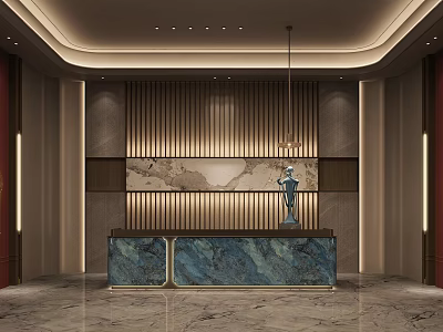 Luxurious Hotel Lobby Interior With Marble Reception Desk Wooden Paneling And Decorative Sculpture 3d model