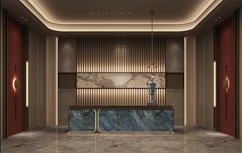 New Chinese Style Front Desk Hotel Lobby Reception Hall Office Front Desk Wall Lamp Chandelier Luxury Stone Marble Maid Ceramic Decoration Front Desk Background Wall 3d model