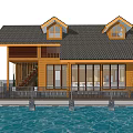 Detached Villa on Water with Wooden Exterior Large Windows Balcony and Gray Roof