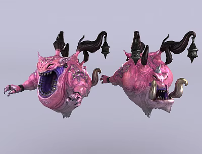 Vibrant Pink Aquatic Creature With Black Horns Long Tentacles And Open Mouth Design 3d model