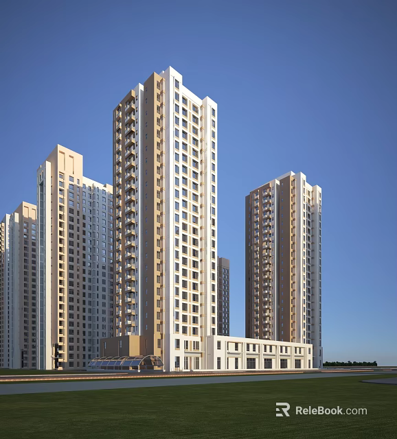 Modern High Rise Residential Buildings With Glass Curtain Walls And Blue Sky Background 3d model 
