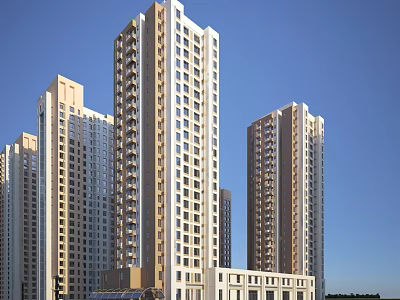 Modern High Rise Residential Buildings With Glass Curtain Walls And Blue Sky Background 3d model