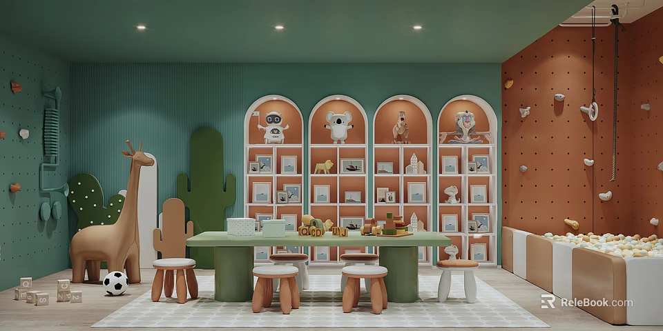 Vibrant Kindergarten Classroom With Arched Bookshelves Animal Decorations Green Table And Small Stools 3d model 