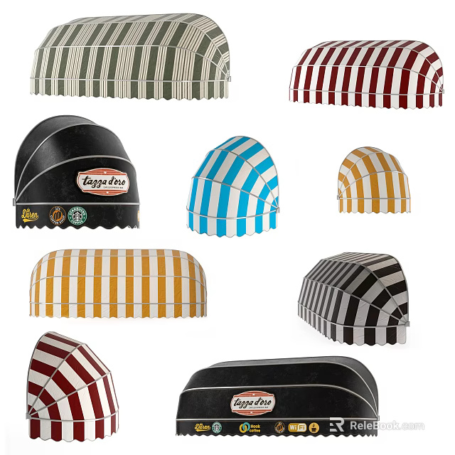 Colorful Striped Outdoor Awnings in Various Designs for Patio Sun Protection 3d model 