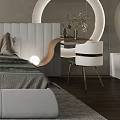 Modern Bedroom Interior Design With White Bed Gray Walls Wooden Flooring And Round Mirrors