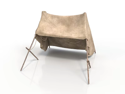 Ancient Camping Tent with Canvas Cover and Wooden Support Frames 3d model