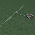 Agricultural Sprayer With Extended Metal Arms Mounted On Trailer Operating On Green Grassland