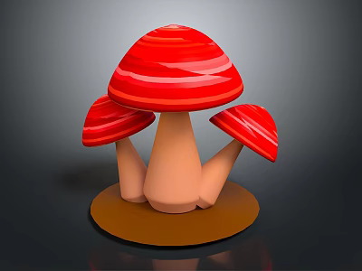 Three Red Striped Vegetable Mushrooms in Decorative Cartoon Style with Brown Base 3d model