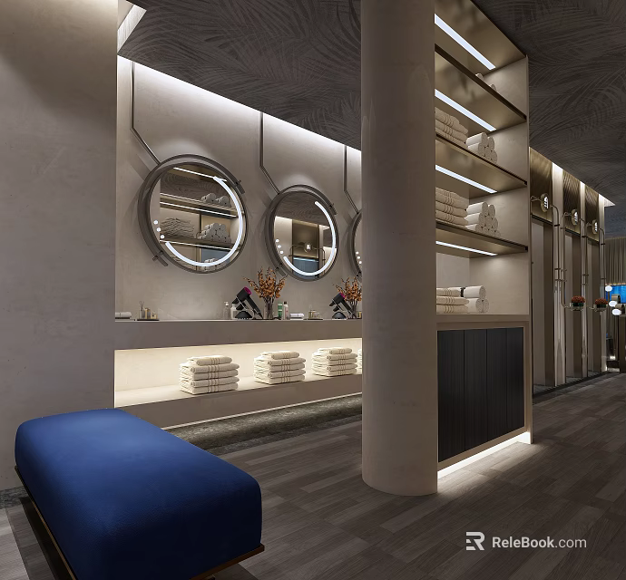 Modern Clubhouse Lobby With Round Mirrors Blue Sofa And Display Shelves And Warm Ambient Lighting 3d model 