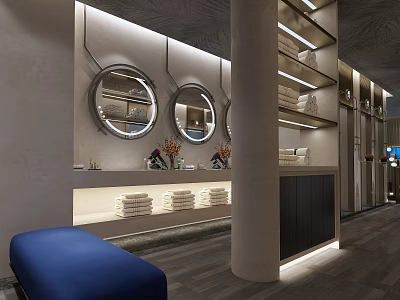 Modern Clubhouse Lobby With Round Mirrors Blue Sofa And Display Shelves And Warm Ambient Lighting 3d model