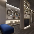 Modern Clubhouse Lobby With Round Mirrors Blue Sofa And Display Shelves And Warm Ambient Lighting