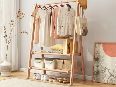 Wooden Coat Rack Organizes Clothes Bags And Shoes In Minimalist Room 3d model