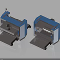 Two Blue Industrial Equipment Units With Metallic Base And Mechanical Structural Parts