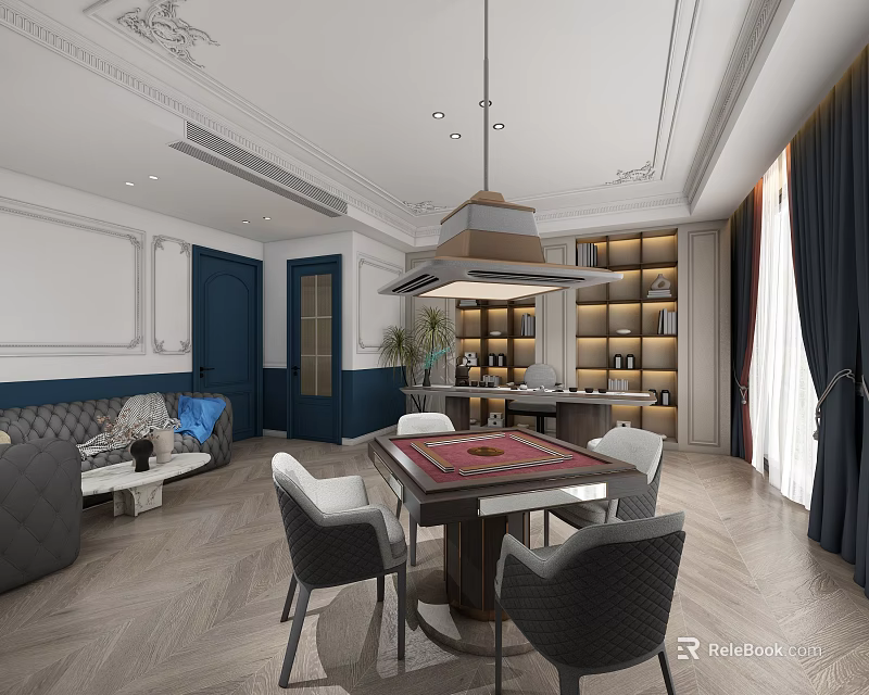 Hotel Mahjong Room with Elegant Decor Comfortable Sofa Wooden Bookshelves and Hanging Chandelier 3d model 