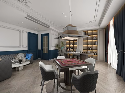 Hotel Mahjong Room with Elegant Decor Comfortable Sofa Wooden Bookshelves and Hanging Chandelier 3d model