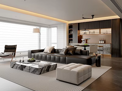 Modern Living Dining Room Interior With Black Sofa Marble Coffee Table And Open Kitchen 3d model
