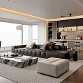 Modern Living Dining Room Interior With Black Sofa Marble Coffee Table And Open Kitchen