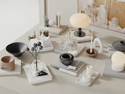 Modern Minimalist Decorative Ornament Set With Ceramic Bowls Glass Vases Marble Trays And Candles 3d model