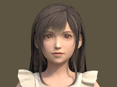 Young Woman With Long Dark Hair Fringe And White Ruffled Top Front View 3d model