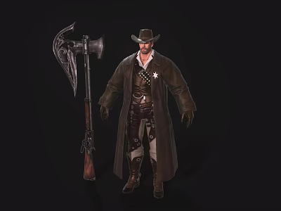 A Man Wearing Cowboy Hat Long Coat With Sheriff Badge By Large Axe And Rifle 3d model