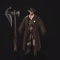 A Man Wearing Cowboy Hat Long Coat With Sheriff Badge By Large Axe And Rifle